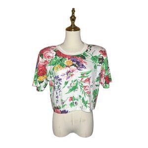 Lajate Vintage White Short Sleeve Cropped Top T-shirt Floral Padded Shoulder USA